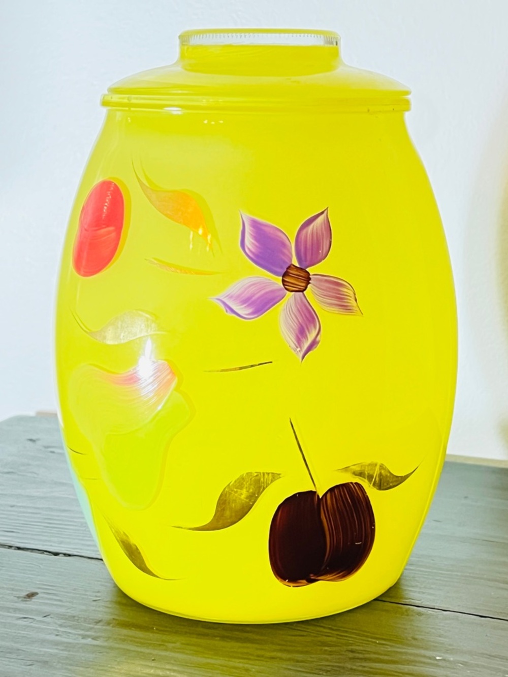 Vintage MCM Bartlett-Collins Yellow Satin Glass Cookie Jar - Hand Painted